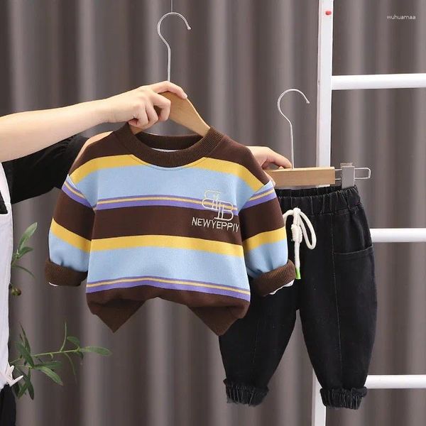 Ensembles de vêtements 2024 Spring Autumn Children Boy 2pcs Ensemble de vêtements Broidery Striped Pillurs DrawString Solid Pant Kid Tentifit Baby Suit