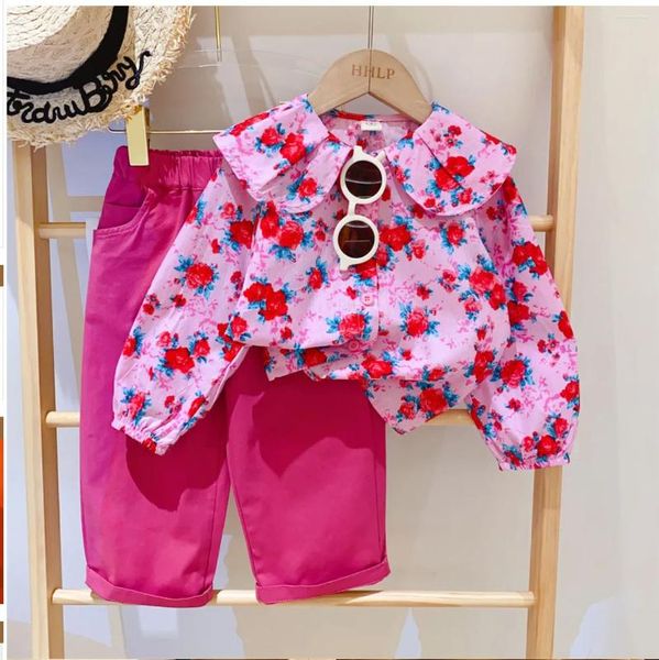 Ensembles de vêtements 2024 Spring Automne Girls Vêtements Suit Coll de poupée pour enfants Rose Shirts à manches longues pantalon décontracté en deux pièces