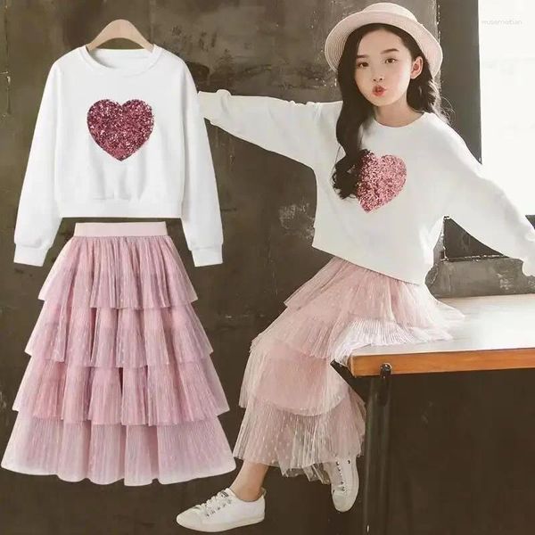 Sets de ropa 2024 Spring Autumn Girls Clothen Teenager Sequin Love Sweater Vestido Niños Princesa Disfraz de fiesta 4 5 6 7 8 9 10 11 12 años