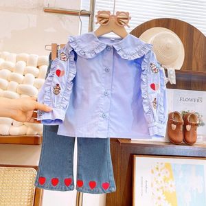 Kledingsets 2024 Spring Autumn Girls 'Long Sleved Cute Shirt and Jeans Two Pally Set