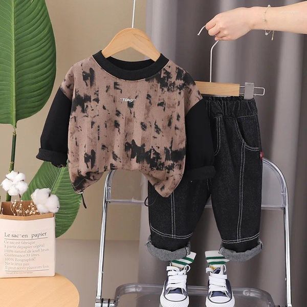 Conjuntos de ropa 2024 Primavera para niños Moda casual Raya vertical Halo Teñido O-cuello Camisetas de manga larga y pantalones Traje para niños Niñas