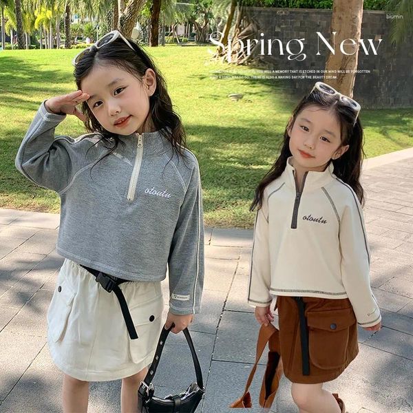 Ensembles de vêtements 2024 Spring Kids Girls 2pcs Vêtements Set Cotton Zipper Letter Pullover Shirts Solid Denim Jirts Suit Toddler Tenues