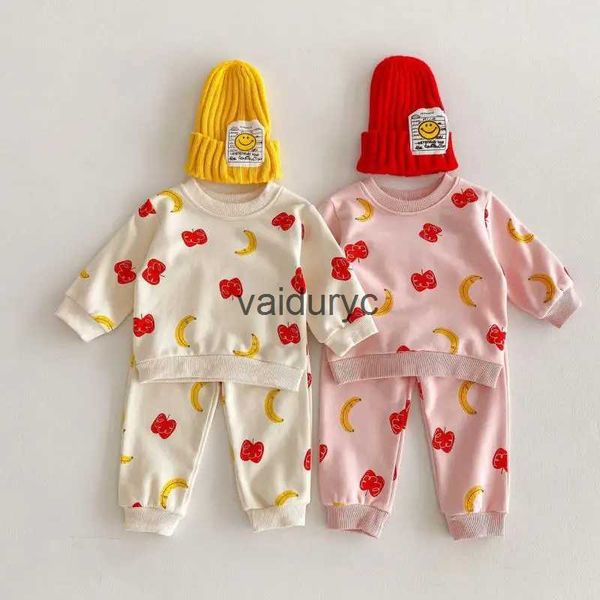 Kledingsets 2024 lente nieuwe baby katoenen sweatshirt set baby peuter mode fruitprint tops + broek 2 stuks pak jongens meisjes casual outfitsvaiduryc