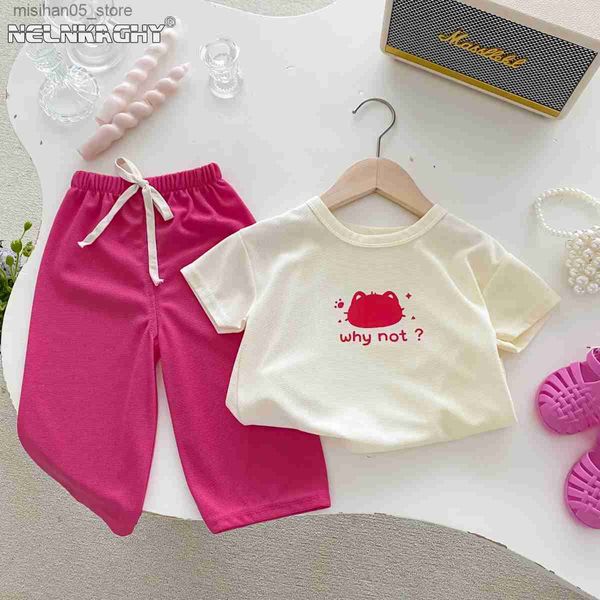 Ensembles de vêtements 2024 Printemps / été Nouveaux enfants pour bébés filles et garçons Fashion Vêtements Childrens Waffles Card Communication Top T-shirt + pantalon Enfants 1-9Y Q240425