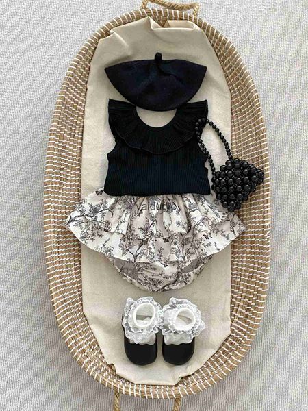 Sets de ropa 2024 Summer Baby Clothing Set Candy Color Girls Traje Tuga de collar de volante y flores florales 2 piezas