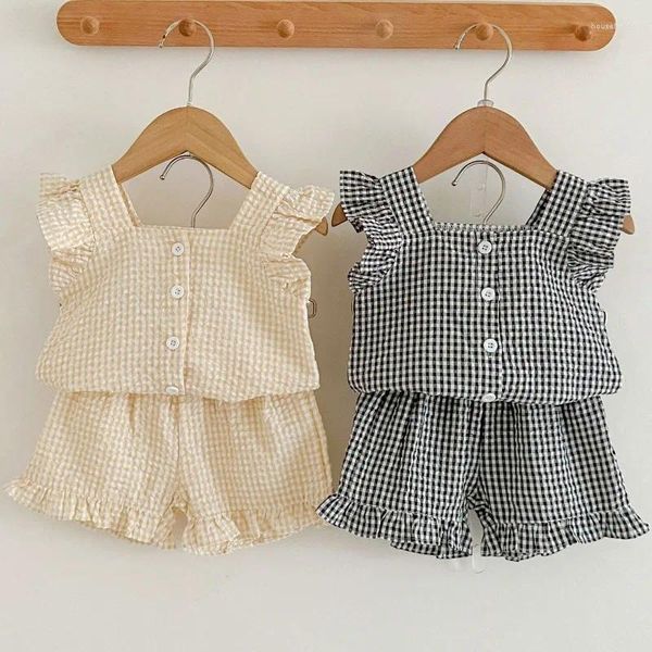 Ensembles de vêtements 2024 Été Baby Grid Set Set Toddler Ruffle Slevees Tee et Shorts 2pcs Born Girls Cotton Camisole Bloomer