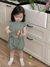 Ensembles de vêtements 2024 Été Baby Sleeve Shell Clothes Enfant Girl Girl Solide Backless Tops Shorts 2pcs Suit Toddler Coton Tenues respirantes