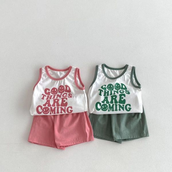 Sets de ropa 2024 Summer Baby Sleeveless Ropa Girl Girl infantil Linte letra Vestible impresa 2 PCS Traje para niños pequeños