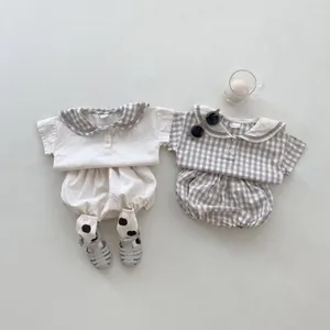 Kledingsets 2024 Zomer Baby Sport Casual Outfits Boy Girl Infant Plaid Cotton Navy Collar Lange Mouw Tops Shorts 2pcs Born T-Shirt Set