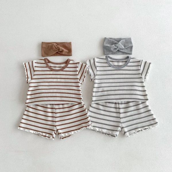 Ensembles de vêtements 2024 Summer Boy Girl Children Child Ruffle Striped Short Sleev Tops Shorts 2pcs Baby Loose Waffle T-shirt Set Kids Cotton Tees