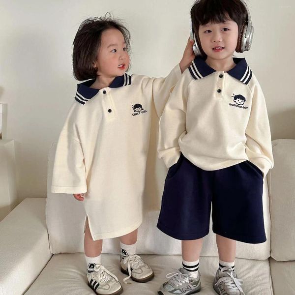 Juegos de ropa 2024 Summer hermano hermana atuendos para niños bordado suelto bordado suelto collar tops pantalones cortos 2pcs niñas algodón algodón casual