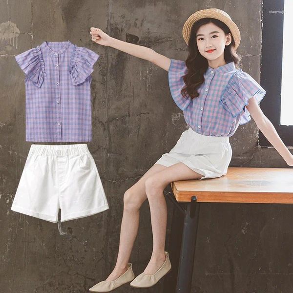 Ensembles de vêtements 2024 Summer Children Girl 2pcs Vêtements Set Junior Plaid Flounce à manches de manche en pointe blanche Shorts de 4 à 12 ans