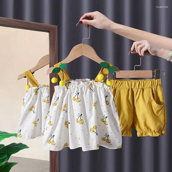 Conjuntos de ropa 2024 Conjunto de arnés de algodón de verano para niñas Ropa Tops sin mangas y pantalones cortos Traje para niños pequeños 2 piezas Casual infantil