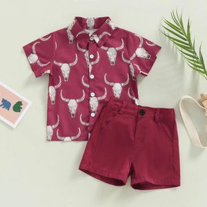 Sets de ropa 2024 Summer Caballero Fashion Fashion Western Cow Head Lapel Estampa de manga corta Camiseta Camiseta Color sólido Shorts informales