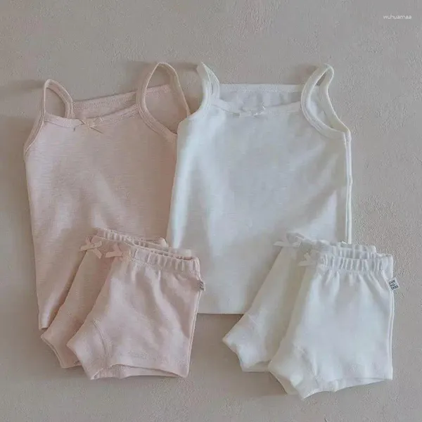 Ensembles de vêtements 2024 Summer Ins Boy Girl Baby Bow Solid Solid Shett Set Enfants Enfants Coton Sans manches Sortie Shorts 2PCS KID