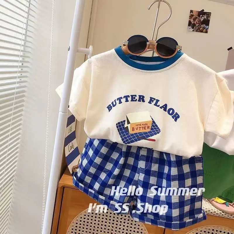 Clothing Sets 2024 Summer T-shirt Shorts Set Kids Letter Print+Plaid Shorts Set Clothes Girls Boys Baby Clothes Casual Set Y240515