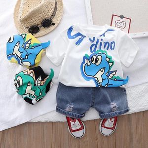 Ensembles de vêtements 2024 Été Enfant Garçon Vêtements Ensemble Dessin Animé Dinosaure À Manches Courtes T-shirts Trou Denim Shorts Costume Bébé Bébé Tenue