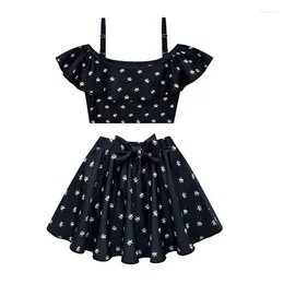 Conjuntos de ropa 2024 Traje de baño de miércoles de verano para niña adolescente Set Addams Family Child Sling Print Chaleco Top Bow Falda 2PC Traje Traje de baño para niños