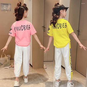 Ensembles de vêtements 2024 Teen Girls Sport Suit Stars Letters Short T-shirt Pantalons à la cheville rayés Enfants Set Tracksuit Kids 5 8 12 9 14 ans