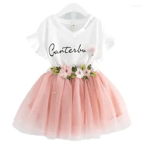 Ensembles de vêtements 2024 T-shirt à col en v jupe tutu de fleur de fleur pour les filles costume de princesse pour enfants Bébé enfants costumes 2-7y