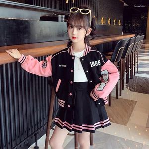 Ensembles de vêtements 2024 hiver automne filles adolescente patchwork fermeture éclair rayé manteaux veste vêtements de baseball sexy jupe courte 5 6 7 8 9 10 11 ans