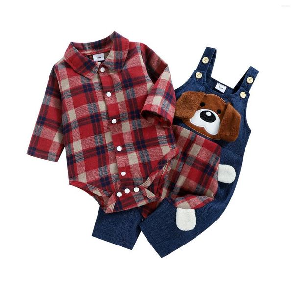 Conjuntos de ropa 2024 Invierno Baby Boy 2 piezas Traje de manga larga Plaid Romper Dibujos animados Perro Patrón Suspender Pantalones Monos para 0-18 meses