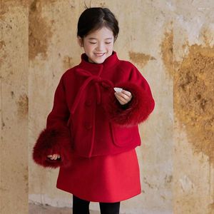 Ensembles de vêtements 2024 année d'hiver bébé filles rouge vêtements à manches longues ensemble chaud manteau pour enfants robe sans manches deux pièces tenues enfants costume