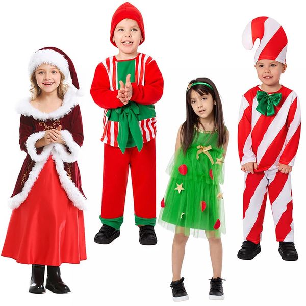 Ensembles de vêtements 2024 année enfants Noël Cosplay Costume Père Noël bébé Noël tenue ensemble robe garçons filles fête de famille ensemble avec chapeau rouge 231110