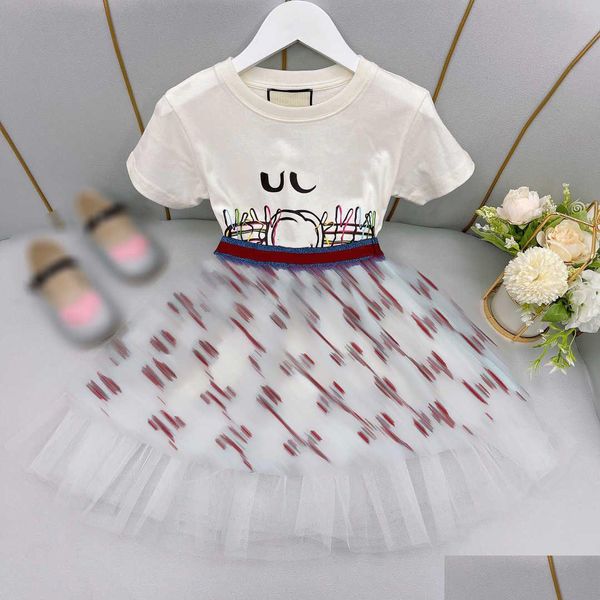 Ensembles de vêtements 23SS Kid Kids Designer Vêtements Jupe Ensemble Filles Col Rond Pur Coton Logo Impression T-shirt Ruban Épissage Net Fil Hal Dhyq9