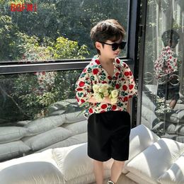 Kleding Sets 29T Kids Jongens Kleding Bloemmotief Jongen Katoen Blouse Shirt Korte 2 stks Outfits Jongen Zomer Party Verjaardag Knappe Kleding 230721