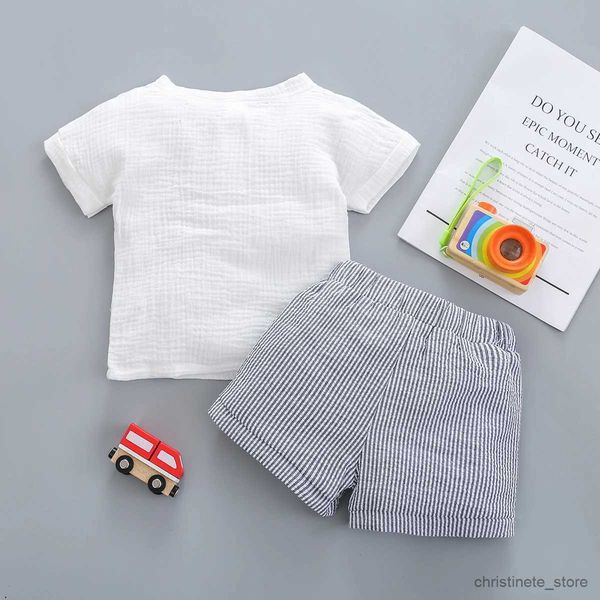 Conjuntos de ropa 2 piezas Bebé niño verano burbuja algodón color puro cuello redondo manga corta botón jersey + cinturón pantalones cortos traje R231215
