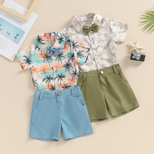 Ensembles de vêtements 2 pièces bébé garçon vêtements d'été à manches courtes arbre/animal imprimé chemise à nœud papillon ensemble de shorts tenues pour tout-petits