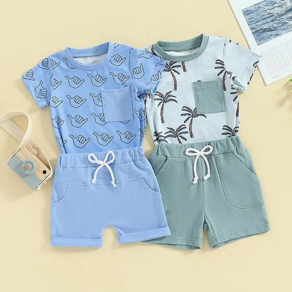 Conjuntos de ropa 2 uds conjunto de trajes de verano para bebés conjunto de manga corta con estampado de árbol/gesto camiseta pantalones cortos ropa para niños pequeños