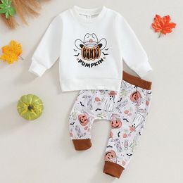 Ensembles de vêtements 2pcs bébé garçons vêtements Halloween ensemble à manches longues col ras du cou lettres imprimées sweat-shirt avec pantalon de survêtement fantôme citrouille automne