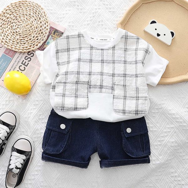 Ensembles de vêtements 2pcs bébé garçons filles tenues ensembles été nouvelle mode enfants coton plaid t-shirts + shorts couture couleur enfant en bas âge vêtements de sport