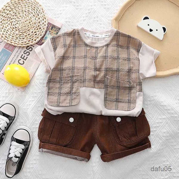 Conjuntos de ropa 2 PCS Baby Birs Birs Trajes Sets Summer New Fashion Fashion Algodón Camisetas a cuadros + pantalones cortos Color de costura Ropa casual R230814