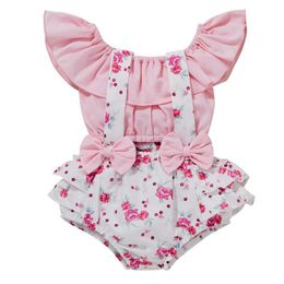 Kleding Sets 2 Stuks Baby Meisje Kleding Set Zomer Geboren Baby Ruche Korte Mouw Tops Bloemen Streep Overalls Outfit voor Peuter D30