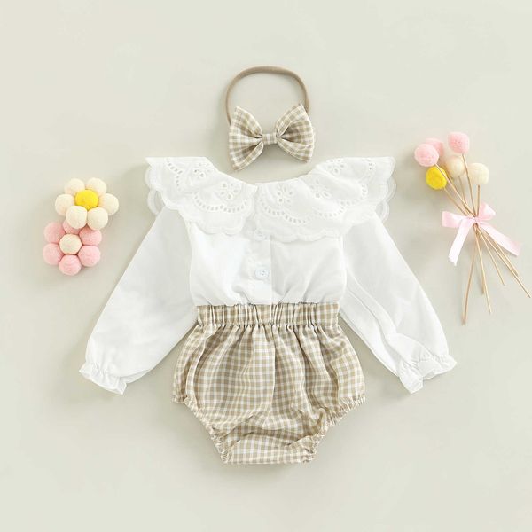 Ensembles de vêtements 2 pièces bébé fille tenue d'automne Plaid Patchwork dentelle col de poupée à manches longues et bandeau ensemble pour les nourrissons de 0 à 18 mois