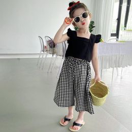 Ensembles de vêtements 2 pièces bébé fille ensemble petit haut à manches volantes et pantalon à jambes larges à carreaux été Style coréen enfants tenue enfants