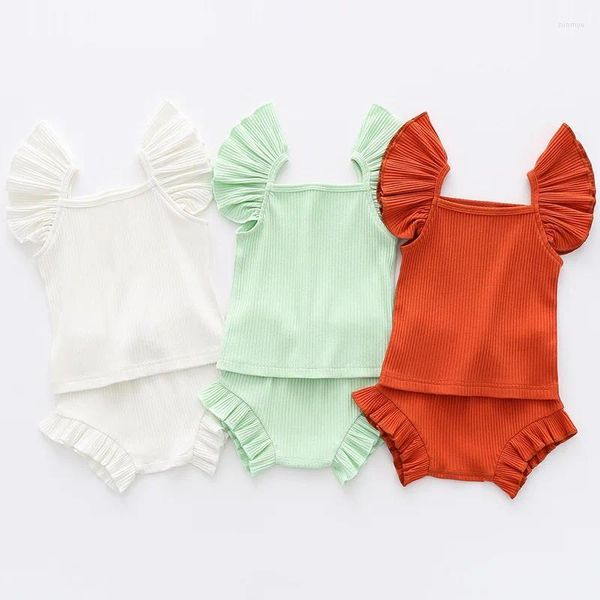 Ensembles de vêtements 2pcs bébé fille vêtements d'été ensemble gilet sans manches né infantile tricot volants barboteuse top shorts pour tenues en bas âge