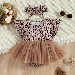 Conjuntos de roupas 2 pcs bebê menina verão outfit leopardo impressão tule voando-manga macacão hairband para criança 0-12 meses roupas