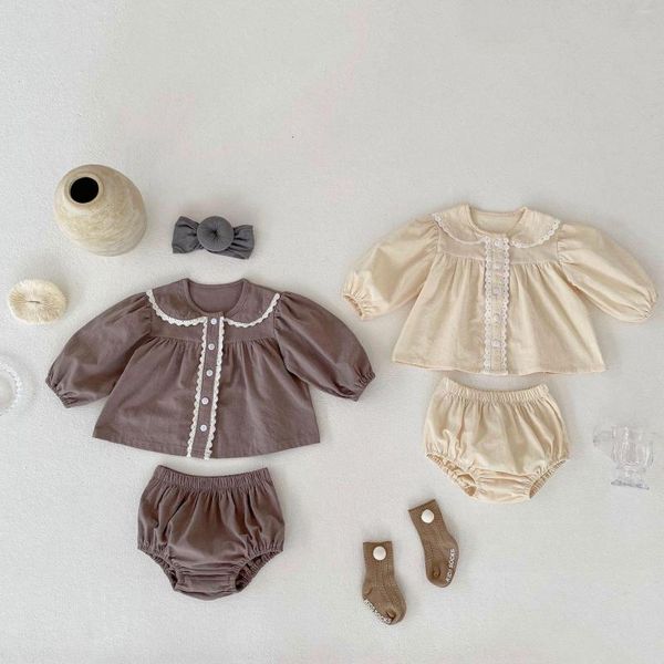 Ensembles de vêtements 2pcs Baby Girls Vêtements Set Cotton Doll Collar Shirt Triangle Triangle Wrap Bun Pantal