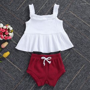 Ensembles de vêtements 2 pièces bébé filles volants couleur unie jarretelle jupe haut à lacets Stretch taille Shorts costume été