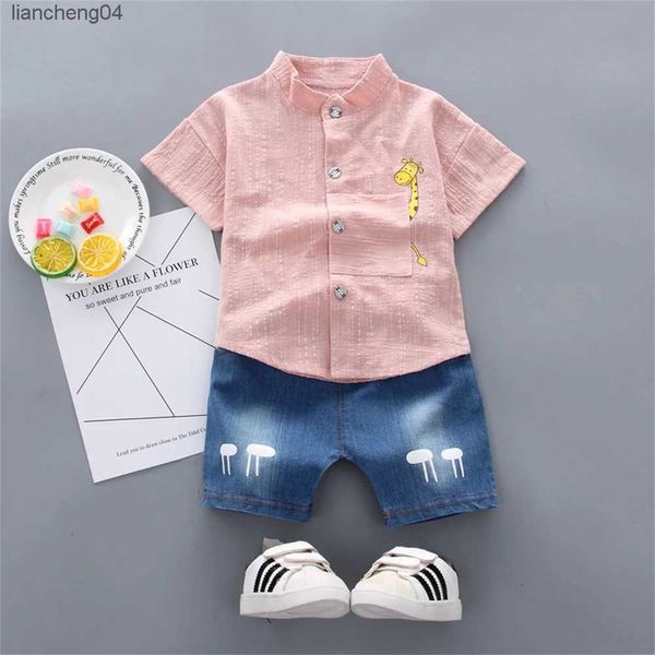 Ensembles de vêtements 2pcs bébé ensemble mode d'été simple motif de girafe de bande dessinée col debout manches courtes denim ensemble de shorts