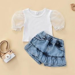 Ensembles de vêtements 2pcs Fashion Girls Vêtements Summer Outfit Mesh Bubble-Sleeve Knit Blouse Ruffle Denim Shorts pour enfants 6 mois à 4 ans