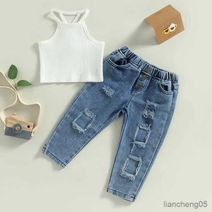 Kledingsets 2 stuks mode meisjeskleding set mouwloos halter geribbeld crop top hemdje met taille gescheurde jeans kinder zomeroutfit R231107