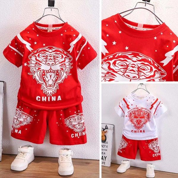 Ensembles de vêtements 2pcs / mode été 2024 garçons vêtements pour enfants 2 couleurs vent chinois tigre en vrac set short chemise