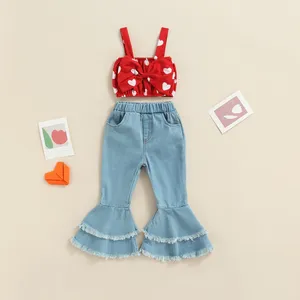 Ensembles de vêtements 2 pièces mode été enfants filles vêtements coeur imprimé sans manches sangle débardeurs Denim Flare pantalon tenues 1-6 ans