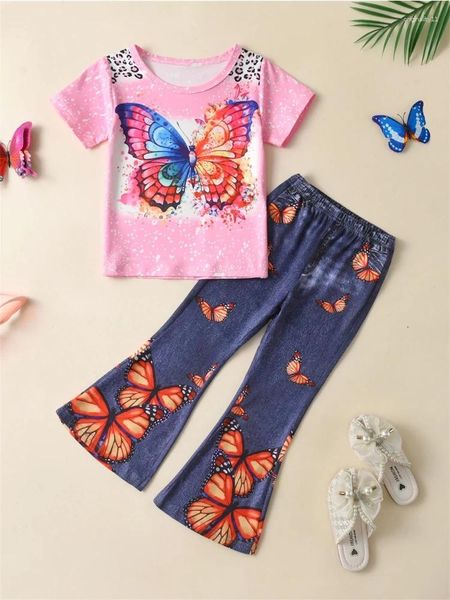 Ensembles de vêtements 2pcs Girls Butterfly Graphic Tenues T-shirt T-shirt Imitation Pantalage imprimé denim Ensemble pour Spring Summer Party