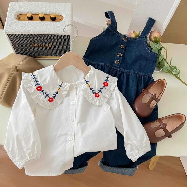 Ensembles de vêtements 2pcs Girls broderie T-shirt blanc floral Solide en denim Sous-combinaisons de sauts de printemps